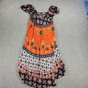 Sari Busana Womens Dress OS Orange Blue Batik Boho Floral Short Sleeves Pullover